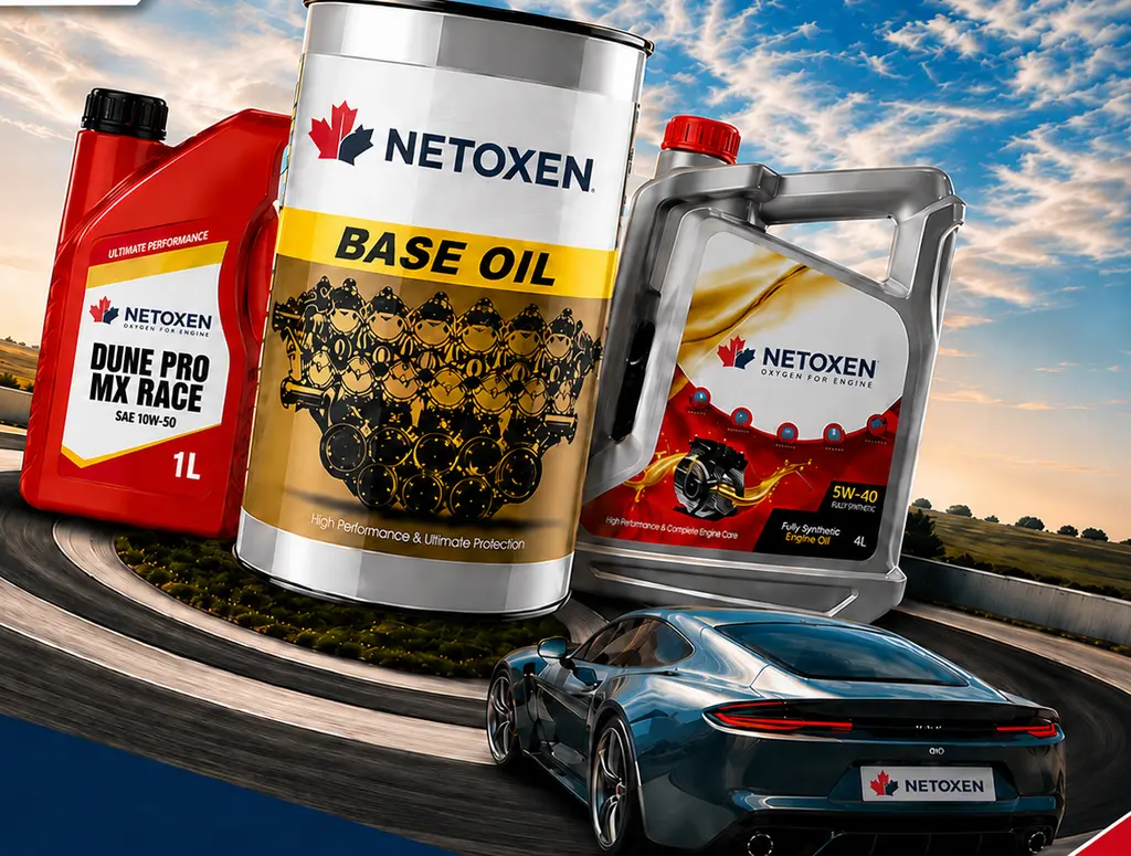 Netoxen engine oil bottles and a base oil drum on a race track at sunset