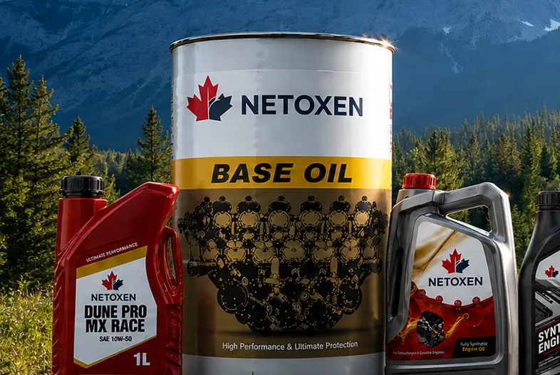 Netoxen base oil drum with engine oil bottles beside a mountain road