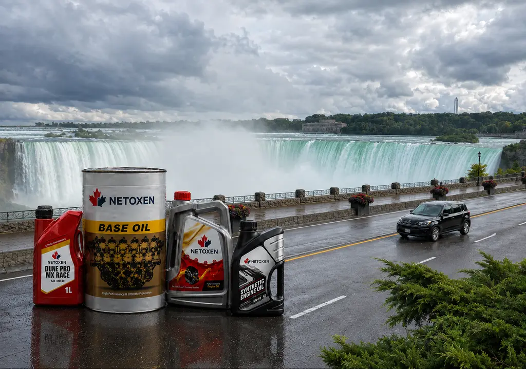 Netoxen products on a rain-wet road beside Niagara Falls